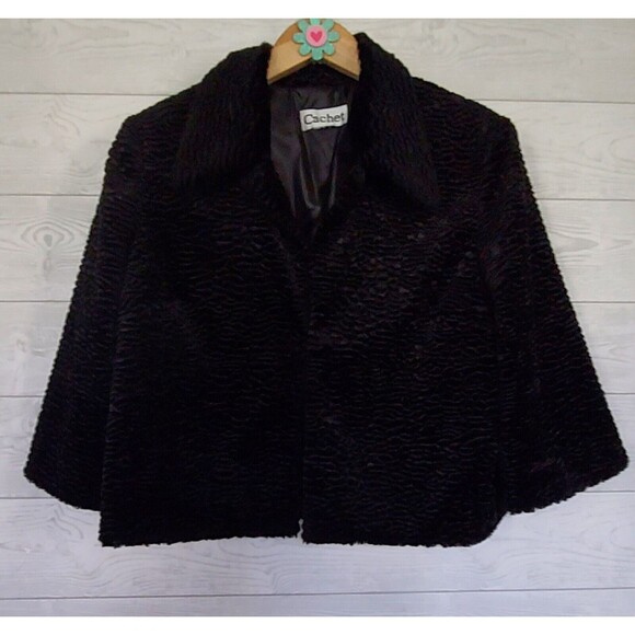 Cachet Black Fur Coat Cropped Jacket Size M/L Evening Retro - Picture 8 of 10